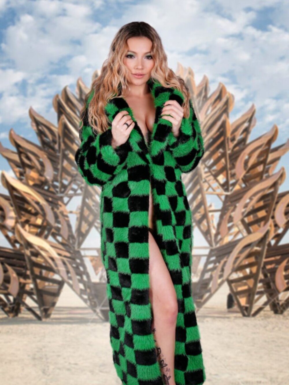 🖤 Green & Black Checkered Faux Fur Long Coat 💚